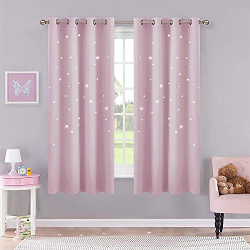 PONY DANCE Cortinas Rosadas Infantiles - Cortinas Niñas con Estrellas Aislantes Térmicas Ruido para Ventanas, 2 Uds, 132 x 158 cm