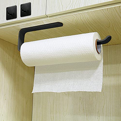 Portarollos Cocina Luxbon, Porta Rollo Papel Cocina Adhesivo con 2 Ganchos para Armario, Baño, Inodoro, Fregadero y Hotel, Sin Taladrar （Negro 33 cm）