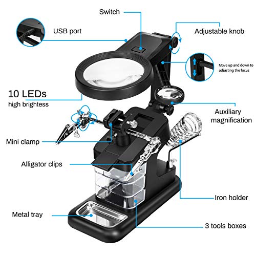 Powcan Lupa de soldadura multifuncional 3X / 4,5X / 25X Lupa de manos con ayuda de luz LED con pinza y pinzas de cocodrilo-Lupa para soldadura, ensamblaje, reparación y modelado，lupa lectura (negro)