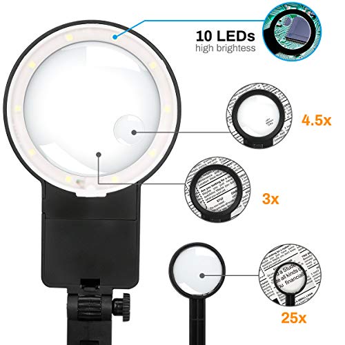 Powcan Lupa de soldadura multifuncional 3X / 4,5X / 25X Lupa de manos con ayuda de luz LED con pinza y pinzas de cocodrilo-Lupa para soldadura, ensamblaje, reparación y modelado，lupa lectura (negro)