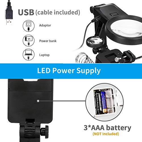 Powcan Lupa de soldadura multifuncional 3X / 4,5X / 25X Lupa de manos con ayuda de luz LED con pinza y pinzas de cocodrilo-Lupa para soldadura, ensamblaje, reparación y modelado，lupa lectura (negro)