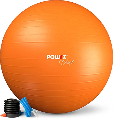 POWRX Pelota de Ejercicio 55 cm - Balón Ideal para Gimnasia, Yoga y Pilates - Anti-explosión con hinchador Incluido + PDF Workout (Orange)