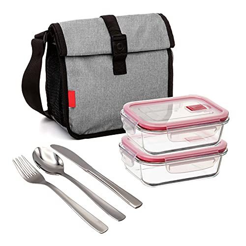 PracticDomus Bolsa Térmica Porta Alimentos Urban Food Roll&Go Denim Grey con 2 Contenedores Cook&Eat de 0.64L en Vidrio Borosilicato y Cubiertos Basic Niquel-Free