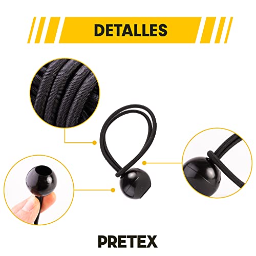 PRETEX - 25 Tensores Elásticos con Bola - Tensor Profesional de Goma - Cuerda para Sujetar - Para Carteles, Lonas, Cortinas de Jardín, Pabellones, Tiendas de Campaña