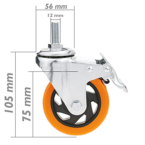 PrimeMatik - Rueda pivotante Industrial de Poliuretano con Freno 75 mm M12 4-Pack