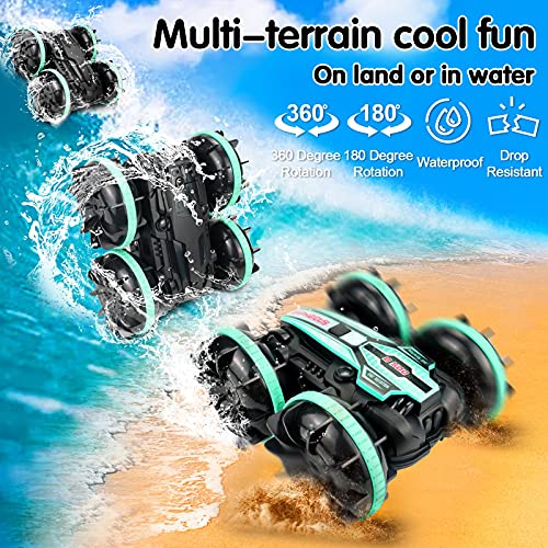 Pristar Coche de Juguete Anfibio 4WD Resistente al Agua para Acrobacias Control Remoto para niños 2.4 GHz Control Remoto 360° Giratorio Coche RC Playa Piscina Juguetes Regalos para niños, 2X baterías