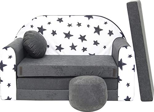 Pro Cosmo Juego de cama para niños 3 en 1, sofá + taburete acolchado y cojín gratis – AC1 gris estrellas 168 x 98 x 59 cm