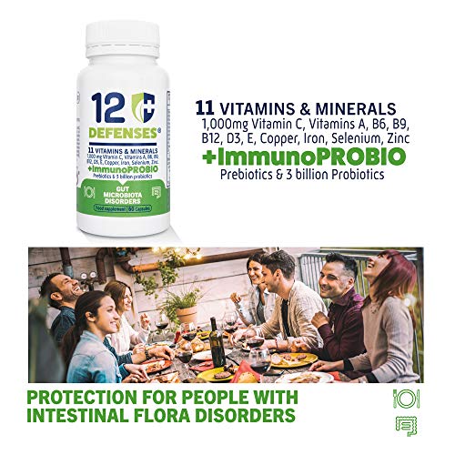 PROBIOTICOS y Prebioticos para la Salud Intestinal - 7 cepas diferentes - Multivitaminas para el Sistema Inmunológico con Vitamina C 1000mg, Vitamina D, Zinc - 60 cápsulas vegetarianas - 12 DEFENSES