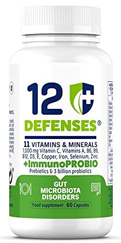 PROBIOTICOS y Prebioticos para la Salud Intestinal - 7 cepas diferentes - Multivitaminas para el Sistema Inmunológico con Vitamina C 1000mg, Vitamina D, Zinc - 60 cápsulas vegetarianas - 12 DEFENSES