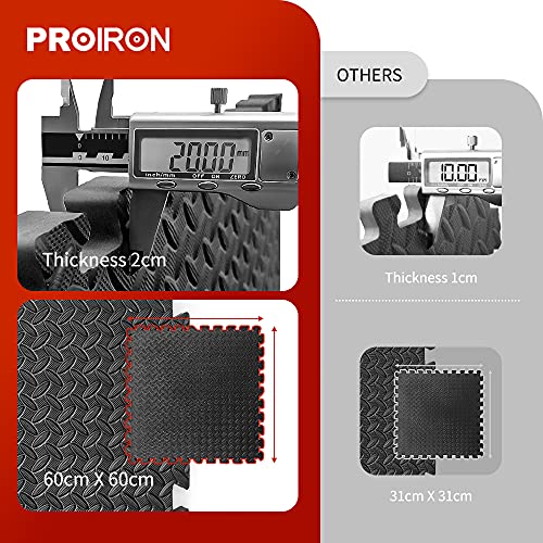 PROIRON Extra Grueso 2cm Estera protectora de suelo, Esterilla Puzzle 60x60cm | 6 Piezas Gimnasio suelos para Fitness, Gym, Garaje | Goma Espuma EVA, Estera del Ejercicio Antideslizante, Negro