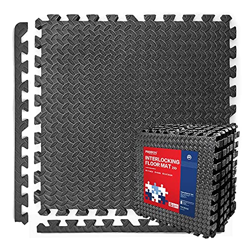 PROIRON Extra Grueso 2cm Estera protectora de suelo, Esterilla Puzzle 60x60cm | 6 Piezas Gimnasio suelos para Fitness, Gym, Garaje | Goma Espuma EVA, Estera del Ejercicio Antideslizante, Negro