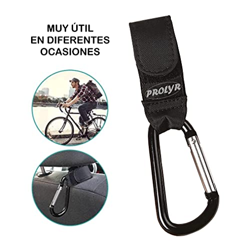 Prolyr Gancho aluminio silla paseo carrito bebé – Pack 2, Cuelga bolsas, bolsos, mochilas, etc, Multiusos, Ajuste universal e Instalación en segundos (Negro).