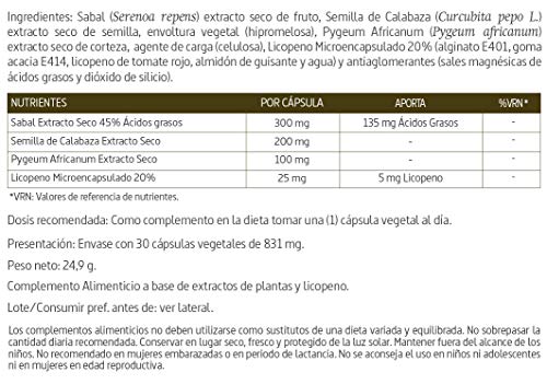 Prostaterum Complex 625 mg. Con sabal, semilla de calabaza, pygeum africanum y licopeno. 30 capsulas vegetales - Nature Essential