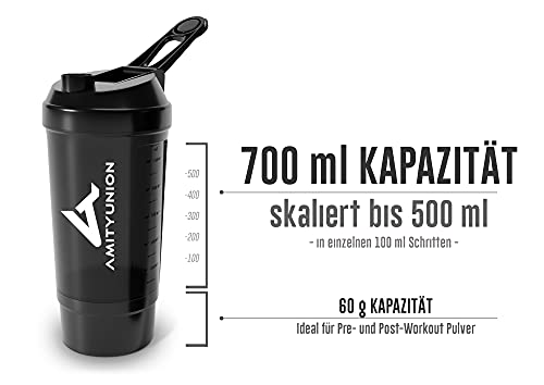 Proteína Shaker FYRA 700 ml - a prueba de fugas, BPA libre, con tamiz y escala, para batidos cremosos, de proteínas agitadores, para aislamientos y concentrados Iso Sport (black)