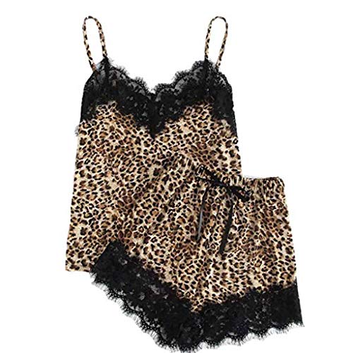 Proumy Bata Sexy Marrón Verano Pijama Mujer Leopardo Ropa de Dormir de Encaje Vestido Cuello V Transparente Camisola con Tiras Estampado Chaleco con Calzoncillo Vestido de Cama Dos Piezas Conjunto