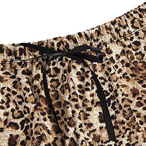 Proumy Bata Sexy Marrón Verano Pijama Mujer Leopardo Ropa de Dormir de Encaje Vestido Cuello V Transparente Camisola con Tiras Estampado Chaleco con Calzoncillo Vestido de Cama Dos Piezas Conjunto