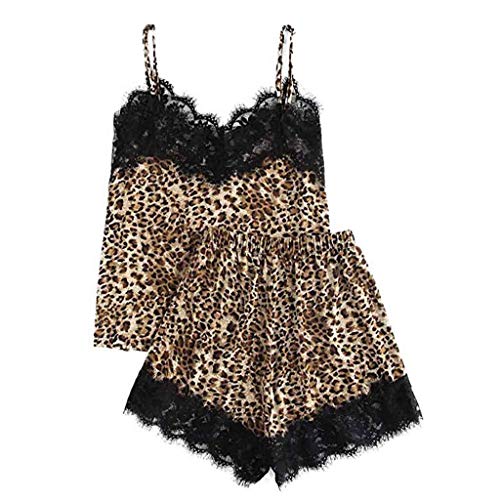 Proumy Bata Sexy Marrón Verano Pijama Mujer Leopardo Ropa de Dormir de Encaje Vestido Cuello V Transparente Camisola con Tiras Estampado Chaleco con Calzoncillo Vestido de Cama Dos Piezas Conjunto