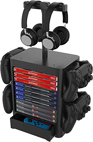 PS5 / Xbox Series X / Switch Soporte de torre de almacenamiento de disco de juegos multifuncional para PS5, Rack de disco de juego y controlador / Soporte para auriculares para PS5 / Xbox X Negro