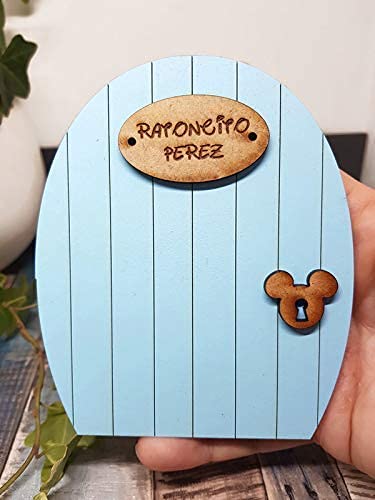 Puerta azul Ratoncito Pérez, con escalera, saquito para el diente y certificado. Producto artesanal hecho en España