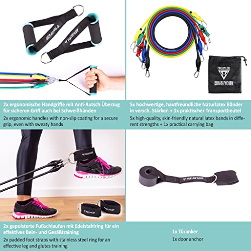 PULLUP & DIP Bandas Elásticas de Resistencia, Bandas Fitness de Latex con Asas, Anclaje de Puertas, Correas para Tobillos + Bolsa de Transporte (11 Piezas), Cintas Elásticas para Casa & de Viaje