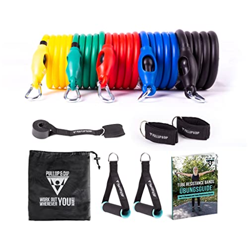 PULLUP & DIP Bandas Elásticas de Resistencia, Bandas Fitness de Latex con Asas, Anclaje de Puertas, Correas para Tobillos + Bolsa de Transporte (11 Piezas), Cintas Elásticas para Casa & de Viaje