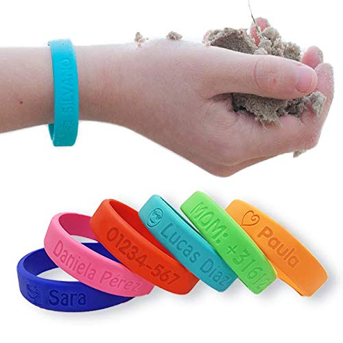 Pulsera personalizada SOS para niños de silicona - Bienpegado, ideal para salidas y paseos. utilizarlas en varios tamaños y paseos. Resistente al agua y duradera (Rojo).