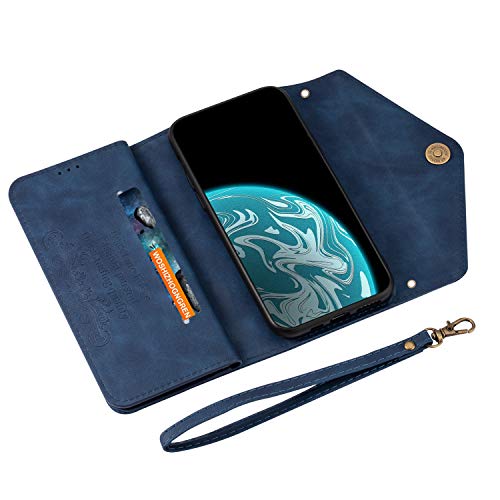 QC-EMART Funda con cordón para Samsung Galaxy A51 Flip Wallet PU Funda de cuero cubierta azul ajustable desmontable Crossbody muñeca teléfono titular de la tarjeta bolsa móvil para Galaxy A51