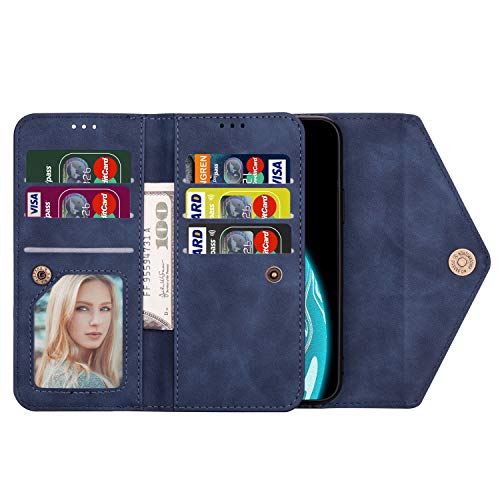 QC-EMART Funda con cordón para Samsung Galaxy A51 Flip Wallet PU Funda de cuero cubierta azul ajustable desmontable Crossbody muñeca teléfono titular de la tarjeta bolsa móvil para Galaxy A51