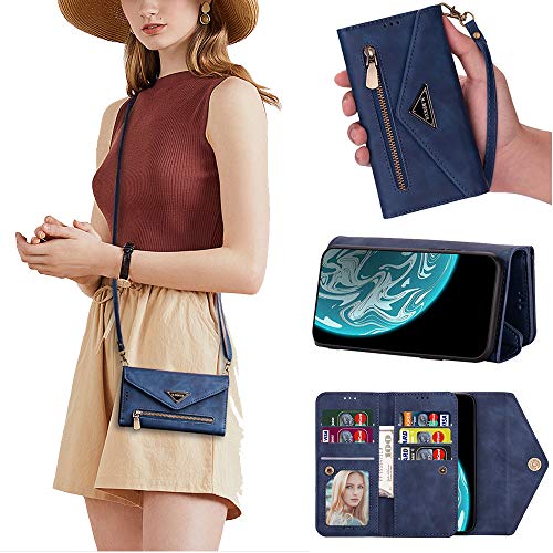 QC-EMART Funda con cordón para Samsung Galaxy A51 Flip Wallet PU Funda de cuero cubierta azul ajustable desmontable Crossbody muñeca teléfono titular de la tarjeta bolsa móvil para Galaxy A51