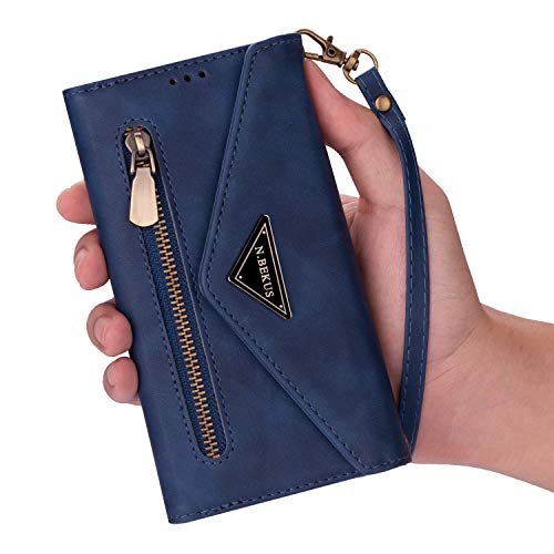 QC-EMART Funda con cordón para Samsung Galaxy A51 Flip Wallet PU Funda de cuero cubierta azul ajustable desmontable Crossbody muñeca teléfono titular de la tarjeta bolsa móvil para Galaxy A51