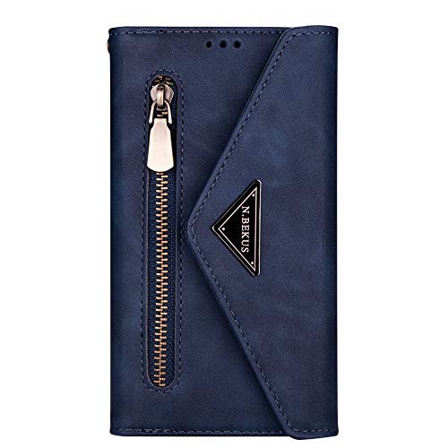 QC-EMART - Funda para iPhone 12 Mini Flip Wallet PU Funda de cuero funda azul ajustable desmontable Crossbody muñequera teléfono titular de la tarjeta bolsa móvil para iPhone Mini 12 2020