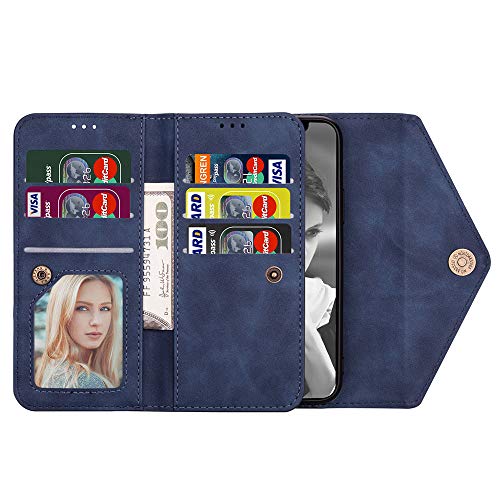 QC-EMART - Funda para iPhone 12 Mini Flip Wallet PU Funda de cuero funda azul ajustable desmontable Crossbody muñequera teléfono titular de la tarjeta bolsa móvil para iPhone Mini 12 2020