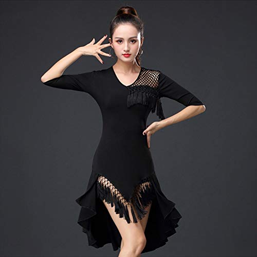 Qianduoduo888 1Gonna Da Ballo Di Tango Di Danza Classica Di Danza Latina, Costume Da Ballo Di Cristallo con Nappe Di Canapa Da Donna Abiti Da Ballo Neri (Color : Black, Size : XXL)