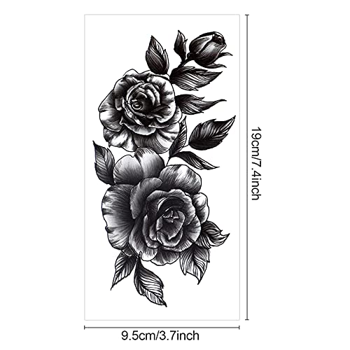 Qpout 15 hojas Tatuajes temporales negros de flores para mujeres, pegatinas de tatuajes de medio brazo, tatuajes de decoración de hombro en el pecho, regalos para adultos niñas