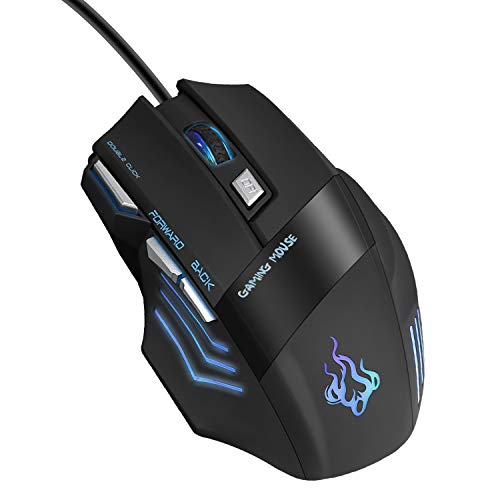 QueenDer Ratón Gaming, Ratones Gaming Profesional con Cable USB Gaming Mouse Óptico, 4 dpi Adjustables y 7 Botón Compatible con Windows 7, 8, 10, XP, Vista, ME, 2000 y Mac OS - Negro