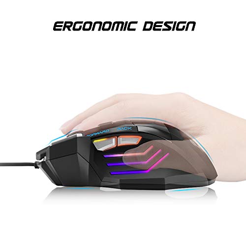 QueenDer Ratón Gaming, Ratones Gaming Profesional con Cable USB Gaming Mouse Óptico, 4 dpi Adjustables y 7 Botón Compatible con Windows 7, 8, 10, XP, Vista, ME, 2000 y Mac OS - Negro