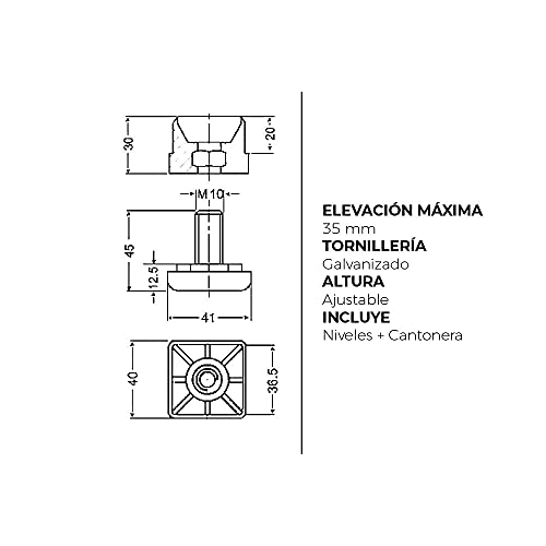 QUICKWARE Pack 8 x Patas Regulables para Tubo (40x40mm) en Poliamida Negra | Elevación Máx (35mm) | Incluye Nivelador + Cantonera | Ideal Hostelería