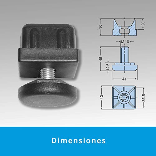 QUICKWARE Pack 8 x Patas Regulables para Tubo (40x40mm) en Poliamida Negra | Elevación Máx (35mm) | Incluye Nivelador + Cantonera | Ideal Hostelería