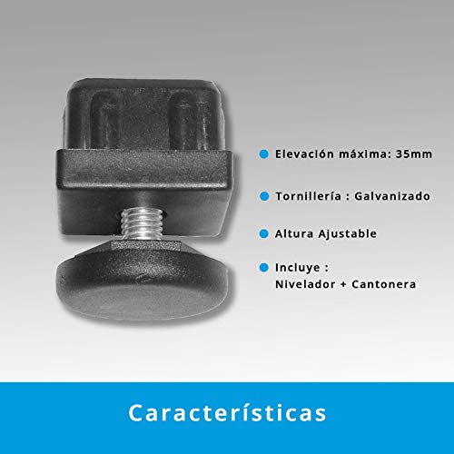 QUICKWARE Pack 8 x Patas Regulables para Tubo (40x40mm) en Poliamida Negra | Elevación Máx (35mm) | Incluye Nivelador + Cantonera | Ideal Hostelería