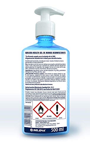 Quilosa Health Gel Desinfectante Sanitario manos 500ml Virucida, Biocida, Antiseptico y Bactericida Hidroalcoholico Higienizante con dosificador Hands Cleaning