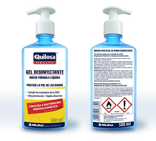 Quilosa Health Gel Desinfectante Sanitario manos 500ml Virucida, Biocida, Antiseptico y Bactericida Hidroalcoholico Higienizante con dosificador Hands Cleaning