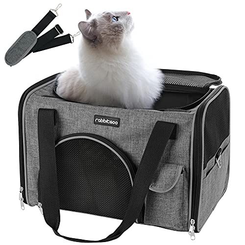 rabbitgoo Transportin Gato Perro Transportín Lavable Plegable Bolsa Transportin Transpirable con Colchón Suave Portador de Viaje con Correa de Hombro Ajustable 42 x 27 x 27cm Gris (Máximo 6kg)