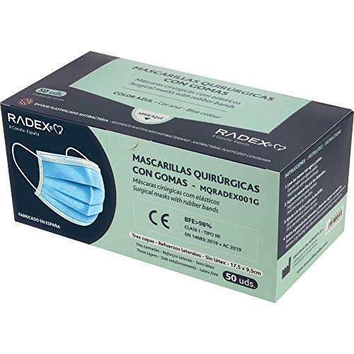 RADEX 85005030. Caja de 50 Mascarillas Quirúrgicas Tipo IIR con Gomas, Azul, Fabricado en España, Tres Capas, Material Hipo Alergénicos, Resistente a Salpicaduras