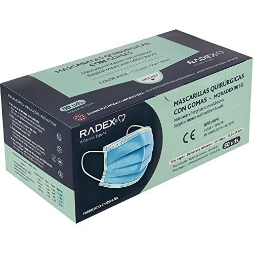 RADEX 85005030. Caja de 50 Mascarillas Quirúrgicas Tipo IIR con Gomas, Azul, Fabricado en España, Tres Capas, Material Hipo Alergénicos, Resistente a Salpicaduras