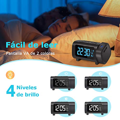 Radio Despertador Proyector, Liorque Reloj Despertador Digital con Gran VA Pantalla, Radio Reloj FM, C°/F°, 12/24 H, DST, 4 Niveles de Brillos, USB, Despertador Digital 180° con Función de Memoria