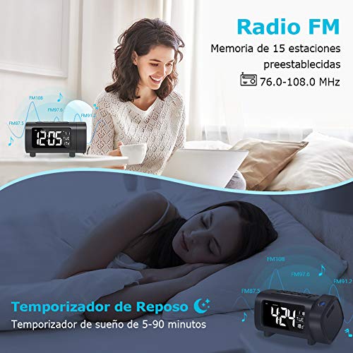 Radio Despertador Proyector, Liorque Reloj Despertador Digital con Gran VA Pantalla, Radio Reloj FM, C°/F°, 12/24 H, DST, 4 Niveles de Brillos, USB, Despertador Digital 180° con Función de Memoria