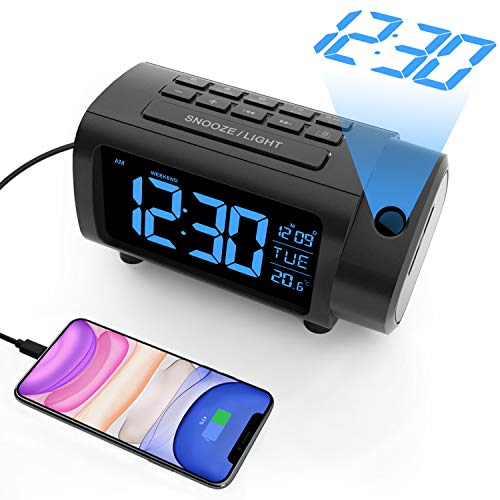 Radio Despertador Proyector, Liorque Reloj Despertador Digital con Gran VA Pantalla, Radio Reloj FM, C°/F°, 12/24 H, DST, 4 Niveles de Brillos, USB, Despertador Digital 180° con Función de Memoria