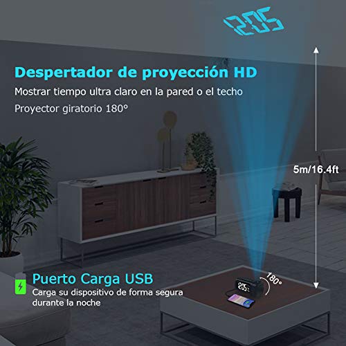 Radio Despertador Proyector, Liorque Reloj Despertador Digital con Gran VA Pantalla, Radio Reloj FM, C°/F°, 12/24 H, DST, 4 Niveles de Brillos, USB, Despertador Digital 180° con Función de Memoria