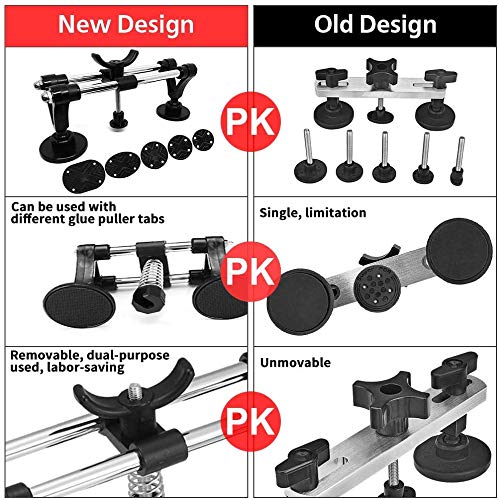 Randalfy Extractor de Abolladuras Coche Kit de Herramientas de Reparación Carrocerías de Automóviles con Extractor de Abolladuras de Puente de Dos Postes y Lengüetas para Eliminar Abolladuras