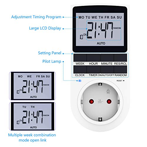 RATEL Temporizador Digital Programable, Enchufe Programador con herramienta de reinicio y modo aleatorio antirrobo Pantalla LCD grande 12/24 Horas, Diario/Semanal Ahorrar Energía y Dinero